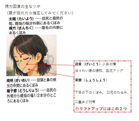 迎香(げいこう)小鼻の横 ほうれい線の緩和、血流アップ 承漿(しょうしょう) 下唇の下のくぼみ。 口元のたるみ、二重あご対策 リフトアップ